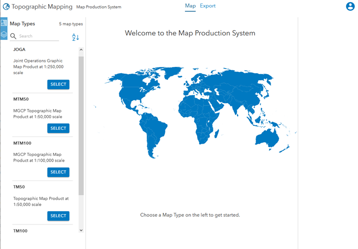 MPS web app with the Map Types pane expanded MPS web app with the Map Types pane expanded